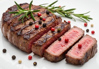 Close up of sliced steak with rosemary and peppercorns on a white plate showing medium rare meat