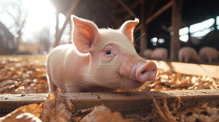 young pig is curiously exploring its surroundings rustic barn setting, surrounded by fallen leaves and soft sunlight filtering through structure. scene evokes sense of innocence and playfulness