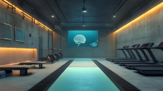 An empty gym with treadmills, weights, and a screen showing a brain, lit by futuristic lights in a concrete interior