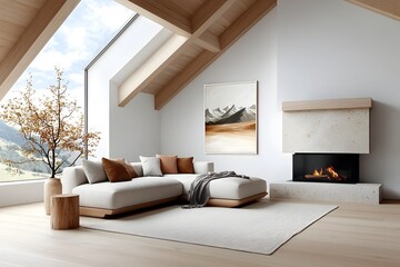 Warm and welcoming farmhouse inspired living room featuring natural wood accents overstuffed linen sofa hand woven textiles stone mantelpiece with crackling fireplace