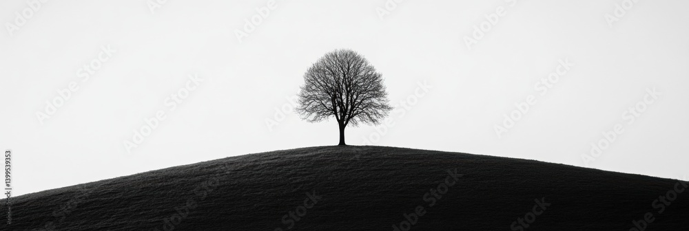 Aufkleber lone tree silhouette on a hill creates an impressive minimalist nature view in black and white again