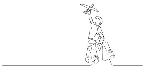 son sitting on father shoulders playing toy plane one line