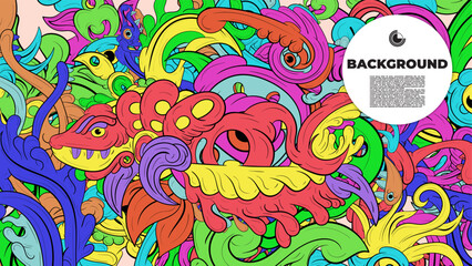 Playful Cartoon Monster Character with Tentacles, Eyes, Feathers, and Leaves – Fun Fantasy Wallpaper Design