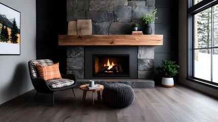 Warm and welcoming farmhouse style living room with a stone fireplace plaid accents and rustic wood finishes creating a cozy and inviting interior scene with natural lighting