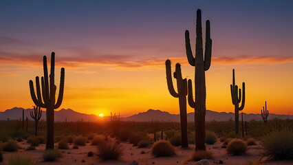Desert Sunset with Cactus Silhouettes