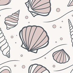 Seamless vector drawing of seashells in minimalistic style with soft colors  