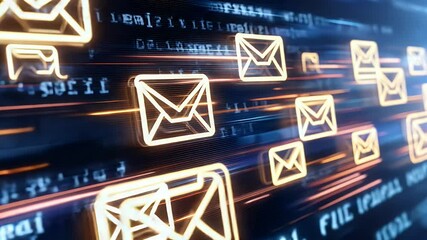 Many glowing envelope icons are on a dark blue background with scattered texts, giving a futuristic communication vibe - Powered by Adobe