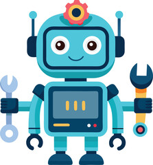 Naklejka premium Cute robot with tools and screen face. Tech helper for sci-fi, automation, and futuristic concepts