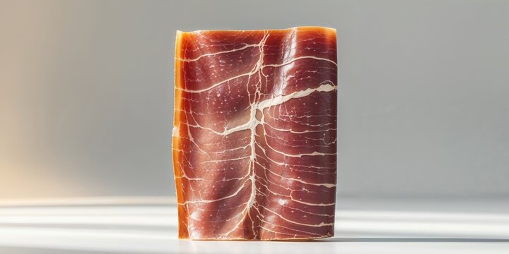 A rectangular portion of dried cured meat on a white surface.