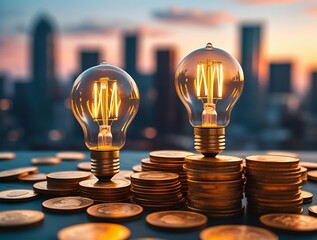 Creative concept of energy and finance with filament light bulbs atop golden coins, representing profitable ideas, money growth, economic power, and financial inspiration at sunset

