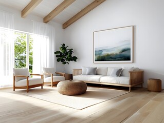 Welcoming farmhouse style living space with a modern touch featuring a bright and airy room highlighted by natural wood furnishings comfortable linen upholstered seating