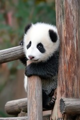 Obraz premium Playful baby panda climbing wooden structure in China