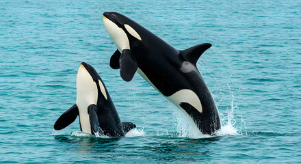 Obraz premium Family pod of Orcas, including a calf, swimming near the surface of the ocean, their dorsal fins breaking the water.