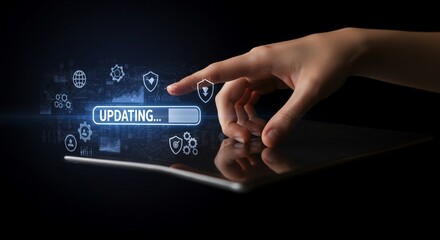 Representing a software upgrade process, a hand interacts with a tablet displaying an "Updating..." progress bar surrounded by glowing technology icons