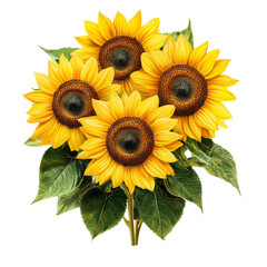 Fototapeta premium A vibrant arrangement of sunflowers with green leaves on a clean transparent background, capturing the beauty of nature, sunflowers isolated on transparent background