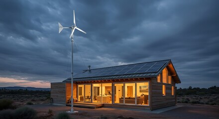Obraz premium Eco-Friendly Home Powered by Wind and Solar at Dusk