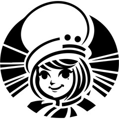 Tattoo emblem of cute girl chef in chef hat in monochrome. Engraving minimalistic vector in black ink drawing on transparent background