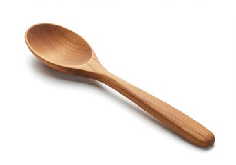 A wooden spoon is displayed on a white background with a shadow and a smooth surface texture shown clearly