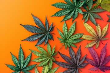 Vibrant cannabis leaves in various shades on an orange background