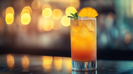 Refreshing layered cocktail with orange slice and mint garnish against a backdrop of soft glowing lights capturing a vibrant and inviting ambiance