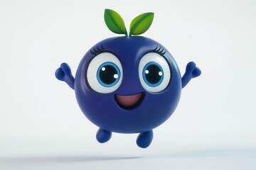 Fototapeta premium A joyful, 3D-rendered blueberry character with big eyes and a happy expression is shown jumping.