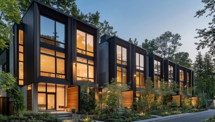 Obraz premium Modern townhouses nestled amidst lush greenery. Evening light illuminates spacious windows