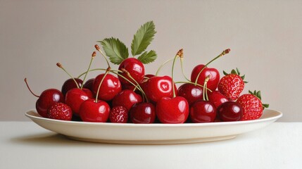 Fresh Cherries and Strawberries on Elegant Plate Displaying Nature