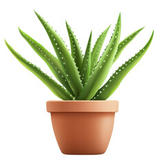 Aloe bush thriving in a simple clay pot against a transparent background for a clean minimalist look, aloe bush in a clay pot, file of isolated object with shadow on transparent background