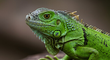 Fototapeta premium Full body shot of a green iguana perched on a branch, displaying its impressive size and vibrant coloration against a backdrop of lush green foliage in the wild.