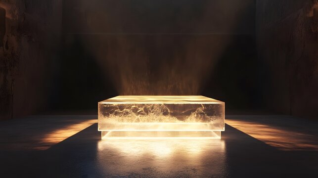 Crystal-clear podium glowing with ambient light in a dark hall