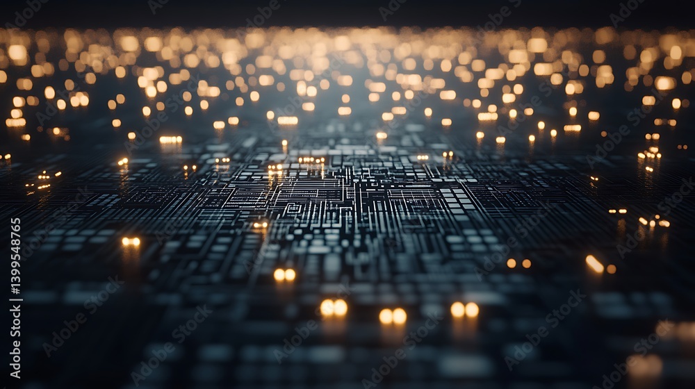 Poster abstract circuit board with glowing lights. a complex network of interconnected pathways and glowing