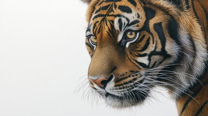 Obraz premium Tiger portrait, close-up view, against white background. Possible use wildlife photography, zoo, or nature poster