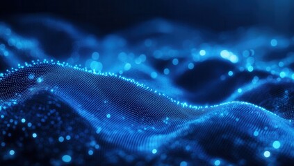 Abstract digital wave form.  Dynamic blue particle network.  Intricate, glowing,  flowing network structure