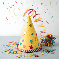 birthday cap with confetti and serpentine exposit