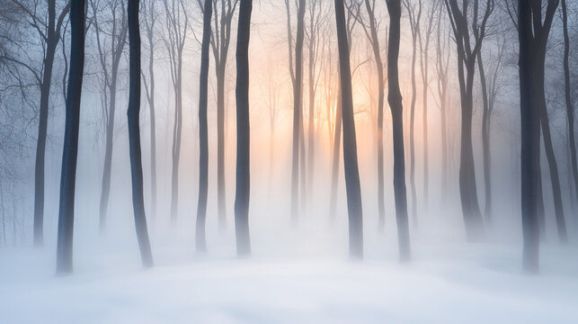 Misty Winter Forest Landscape with Sunrise and Bare Trees Serene Ambience - Powered by Adobe