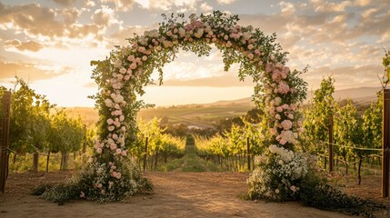 Obraz premium Enchanting floral wedding arch framing sun kissed vineyard rows in golden hour scenic countryside destination for romantic celebration