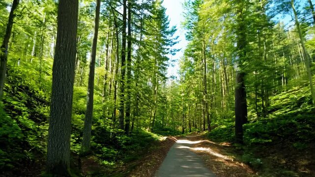 Tracking video along a narrow path lined with stately poplar trees dominating a tranquil forest, natural light