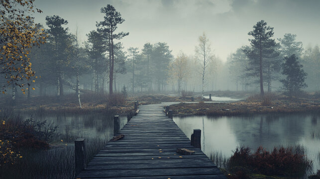 Misty autumn forest landscape with wooden pier over tranquil lake