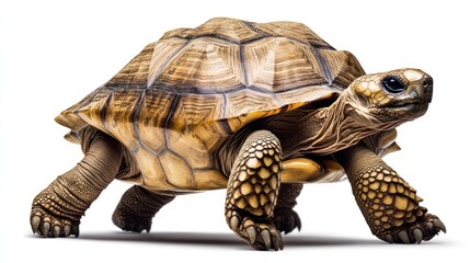 Obraz premium Tortoise in motion against white background. Possible use Educational materials
