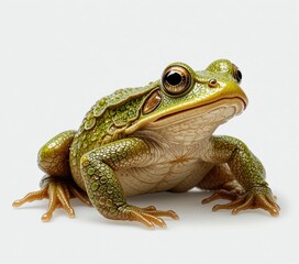 Obraz premium Green Frog Sitting Still on White Background with Intricate Details