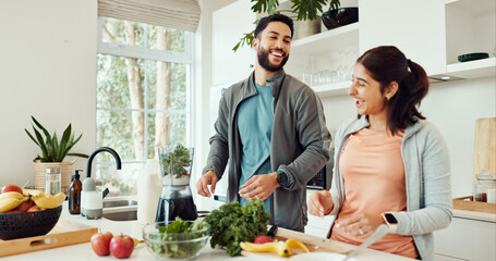 Laugh, ingredients and couple with smoothie in home for wellness, nutrition or diet breakfast....