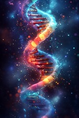 Obraz premium DNA Helix in Cosmic Dance: The double helix of DNA, illuminated with vibrant colors and intricate details, spirals gracefully against a backdrop of sparkling cosmic dust and nebulae.