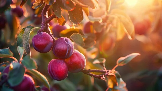 Ripe plums on a branch in an orchard at sunset