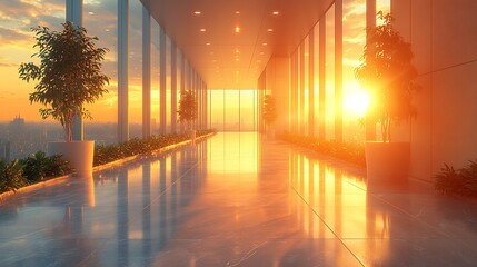 Modern Office Corridor Sunrise Cityscape.