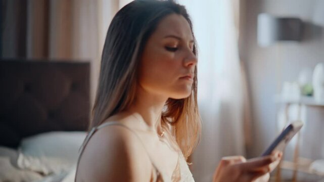 Early lady texting cellphone sitting home bed sunny morning closeup. Calm woman