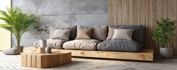 A tranquil modern living space features a low-profile, linen-textured sofa adorned with soft cushions, set against a backdrop of subtly textured walls Natural light enhances the room's ambient