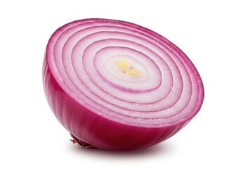 A close up of a sliced red onion showing its layers on a white background in high resolution image