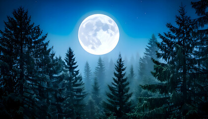 Naklejka premium a full Moon rising over a foggy pine forest