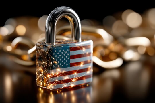 A secure future, protected by the stars and stripes, symbolizing American strength and technological advancement A lock icon, reimagined in the digital age, guarding virtual networks with unwavering