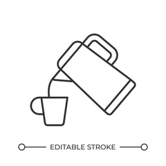 Electric kettle and cup line icon. Making hot drink with boiled water. Small domestic appliance. Warming beverage. Isolated vector illustration. Outline symbol. Simple linear drawing. Editable stroke